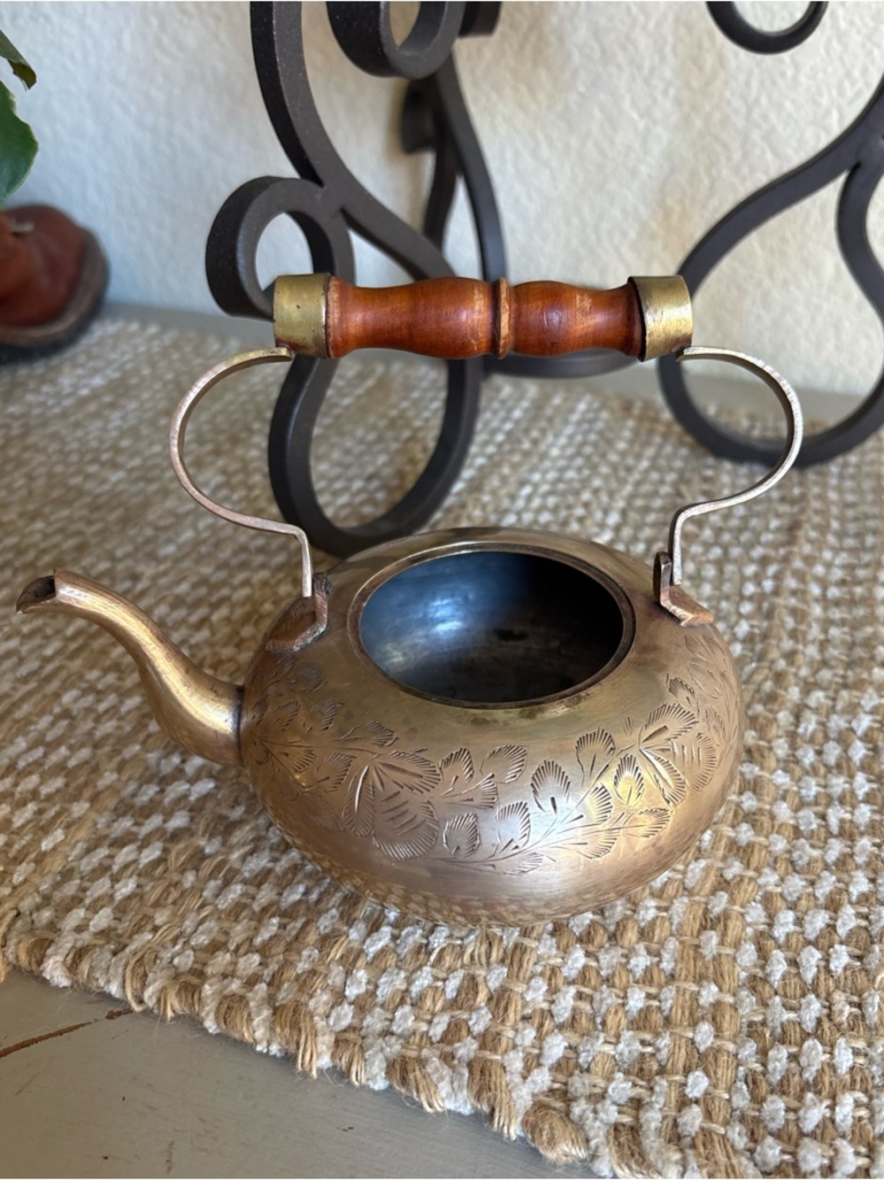 Brass Tea Pot with Wooden Handle and Floral Engraving, Decorative Brass Teapot